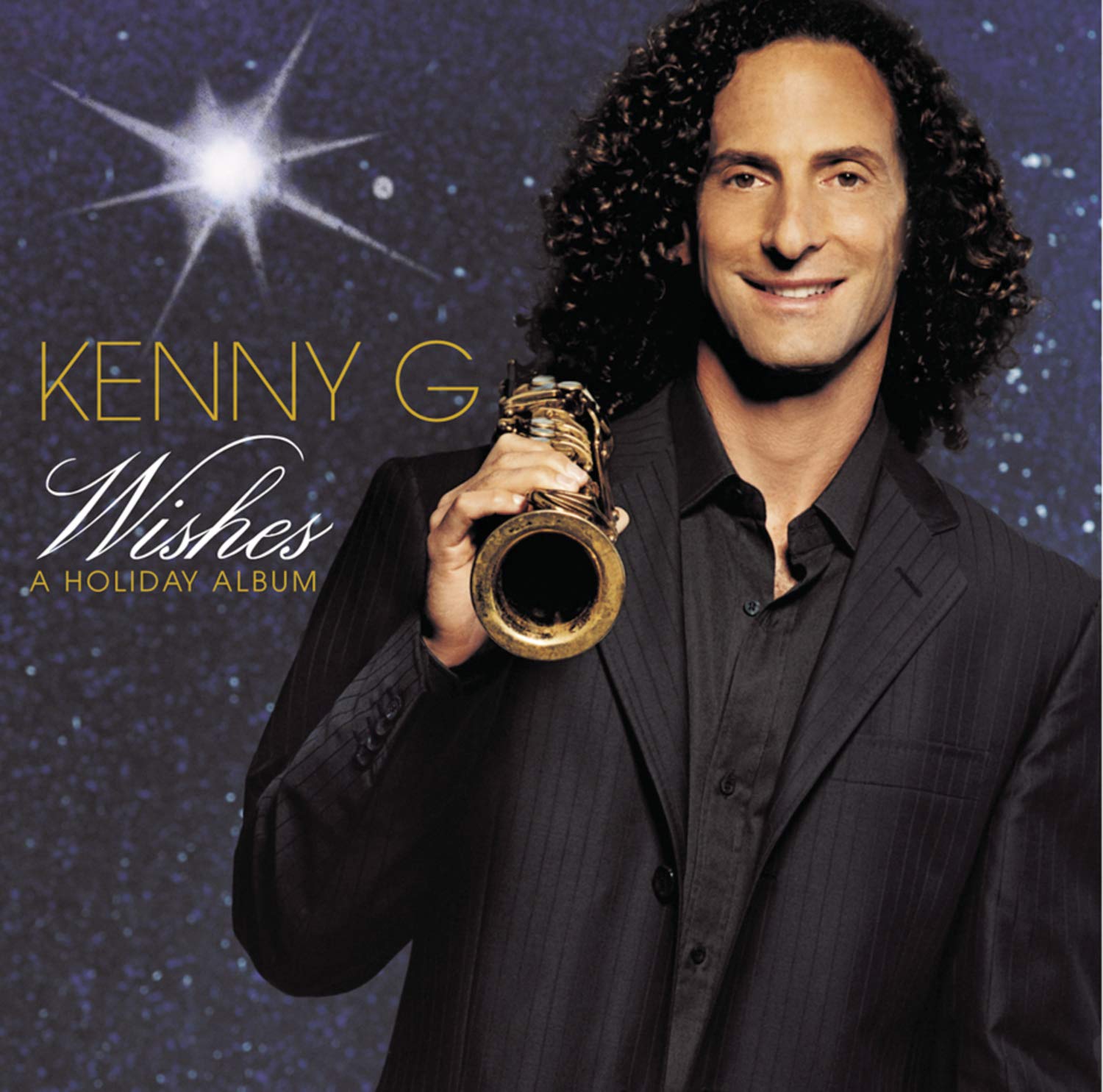 Album cover for 'Wishes' by Kenny G featuring a man holding a saxophone against a starry background.