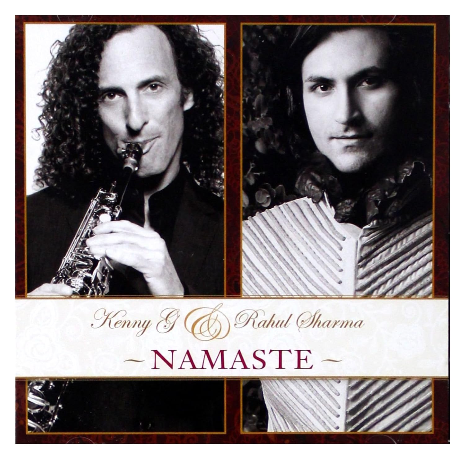 Album cover featuring two musicians, one playing a saxophone and the other in formal attire, with 'Namaste' text.