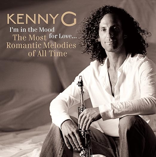 Album cover featuring a person holding a saxophone with text about romantic melodies.