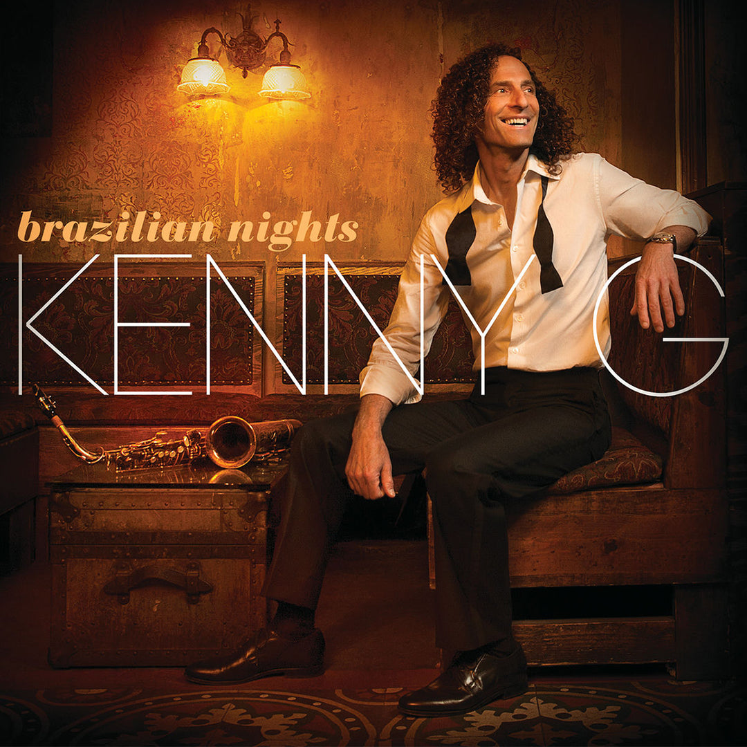 Album cover with a man sitting next to a saxophone, featuring the text 'brazilian nights KENNY'.