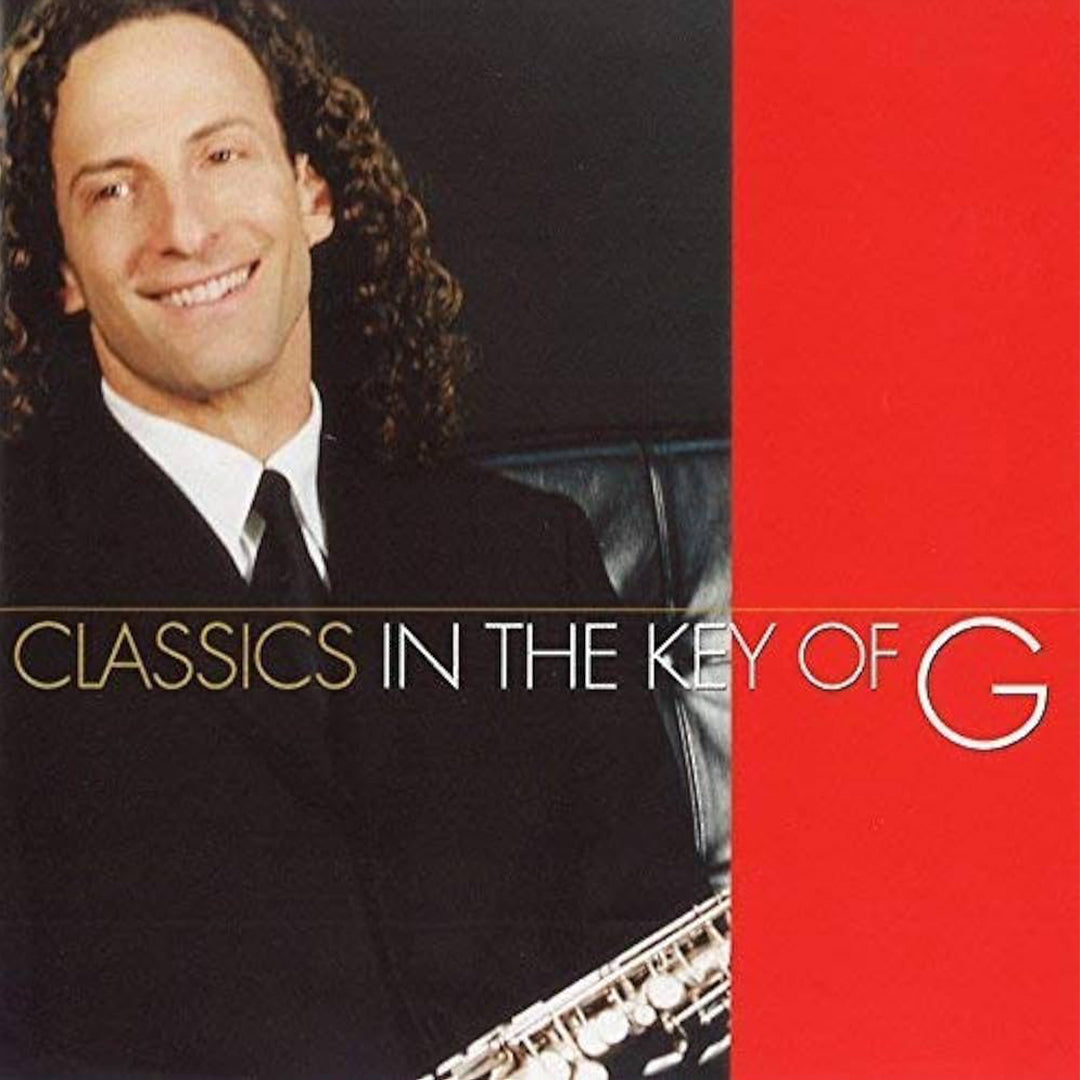 Album cover with a man holding a flute and text 'Classics in the Key of G' on a red and black background