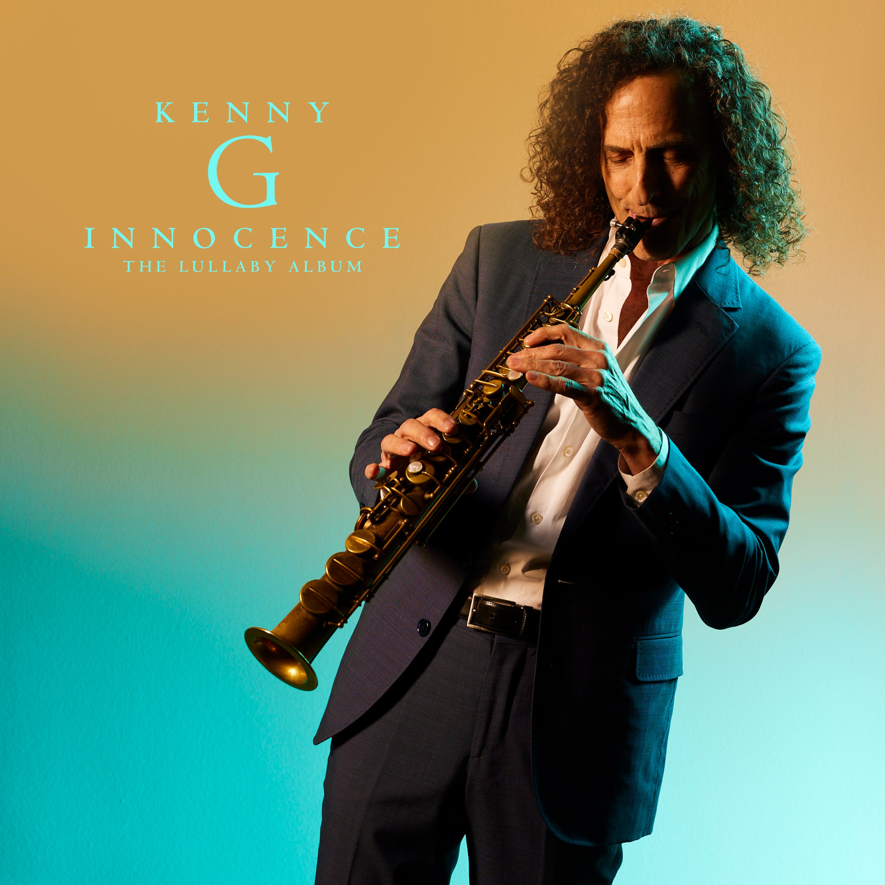 Album cover featuring a man playing saxophone with 'Kenny G Innocence' text on a gradient background